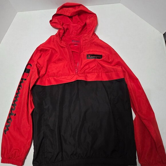 Champion Boy Stadium Red/black Windbreaker Jacket Quarter Zip Hooded Size Large - Picture 1 of 6